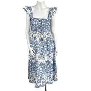 The Lucky Knot Eyelet Lace Smocked Midi Dress S Blue Summer Coastal Resort